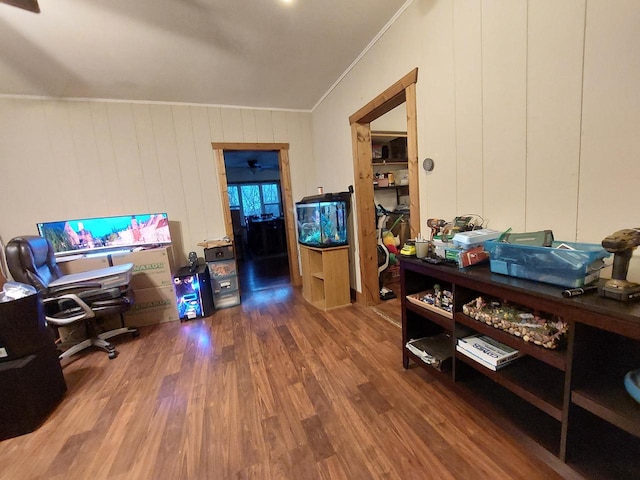 office area with wood-type flooring and ornamental molding