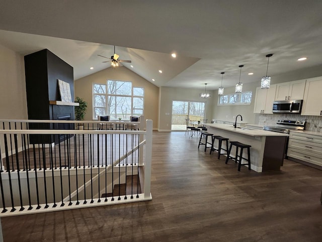 kitchen featuring white cabinetry, sink, dark hardwood / wood-style floors, an island with sink, and appliances with stainless steel finishes