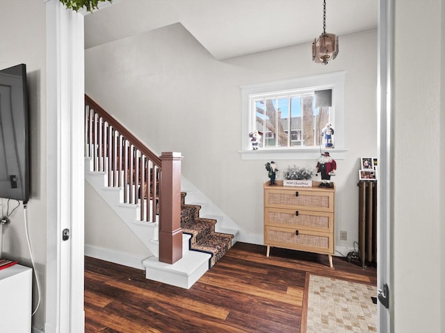 staircase featuring hardwood / wood-style flooring