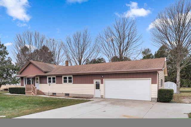 single story home with a garage and a front lawn