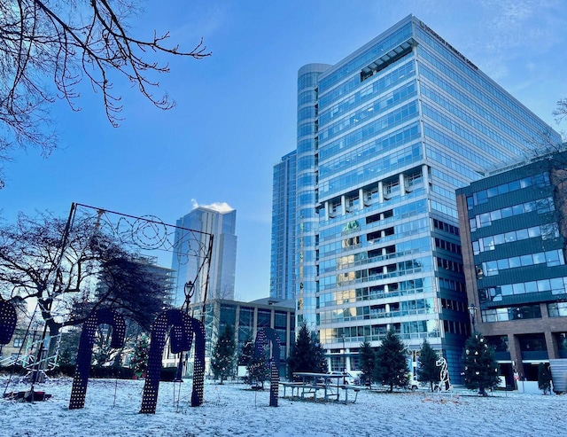 view of snow covered building