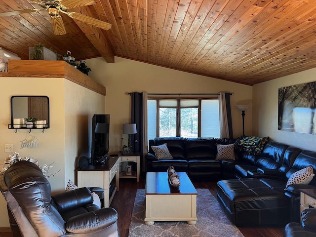 living room with wooden ceiling, lofted ceiling with beams, and dark hardwood / wood-style floors