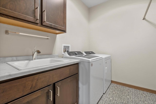 5550 N Amethyst Dr, Appleton, WI 54913 - laundry area with washing machine and clothes dryer, sink, light tile patterned floors, and cabinets