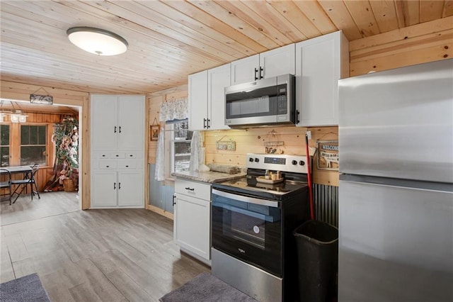 kitchen featuring white cabinetry, light stone countertops, stainless steel appliances, light hardwood / wood-style floors, and wood ceiling