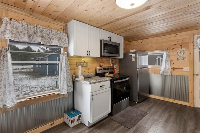 kitchen with white cabinets, appliances with stainless steel finishes, dark hardwood / wood-style floors, and wooden walls