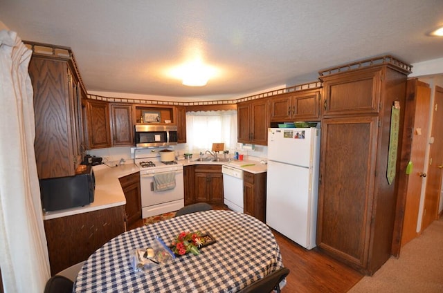 kitchen with dark hardwood / wood-style flooring, white appliances, a textured ceiling, and sink