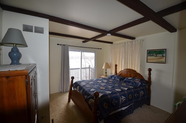 carpeted bedroom featuring beam ceiling, ceiling fan, and coffered ceiling