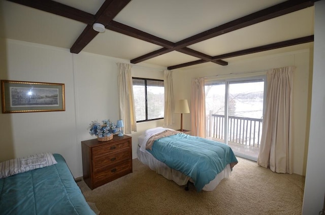 carpeted bedroom featuring access to outside, ceiling fan, beamed ceiling, and coffered ceiling