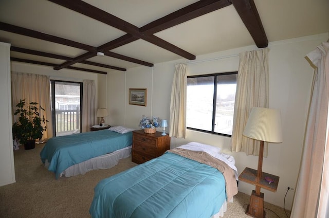 bedroom with carpet, beamed ceiling, and coffered ceiling