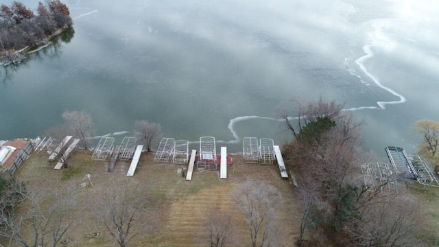 drone / aerial view featuring a water view