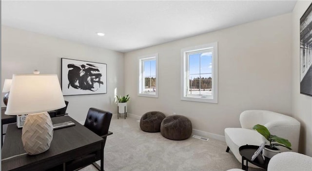 office with carpet, visible vents, and baseboards