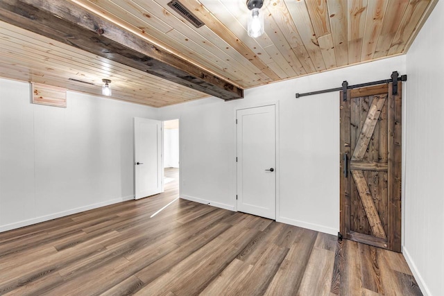 basement with hardwood / wood-style floors, a barn door, and wooden ceiling