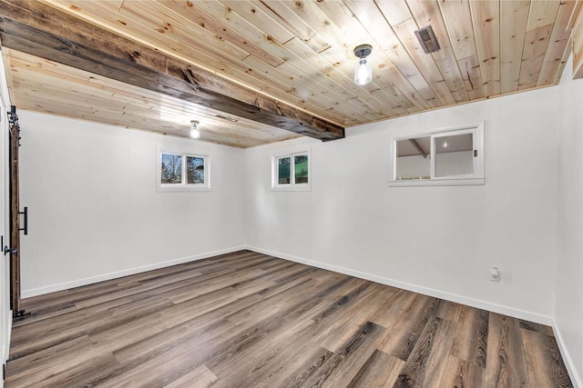 basement featuring hardwood / wood-style flooring and wooden ceiling