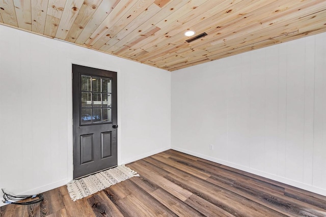 spare room featuring hardwood / wood-style floors and wood ceiling