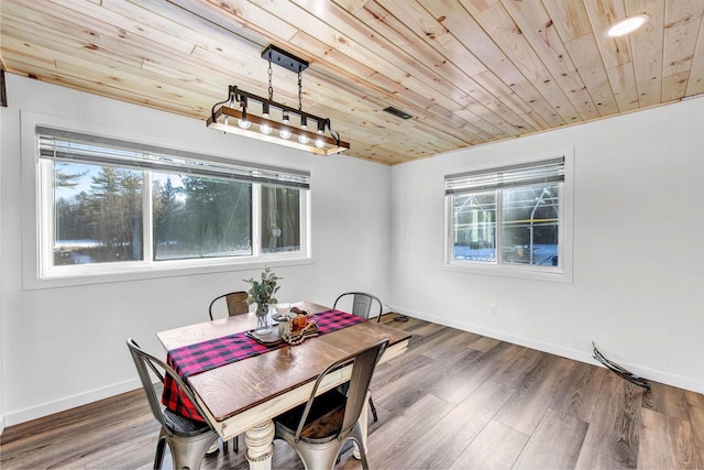 dining room with wood-type flooring and wooden ceiling