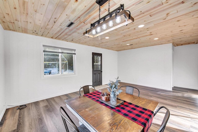 dining space featuring wooden ceiling and wood-type flooring