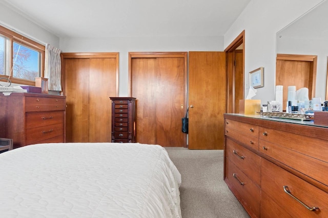 bedroom featuring multiple closets and light carpet