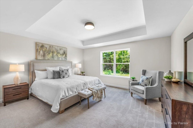 carpeted bedroom with a raised ceiling