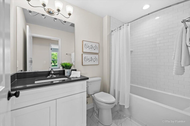 full bathroom with shower / bath combo with shower curtain, vanity, and toilet