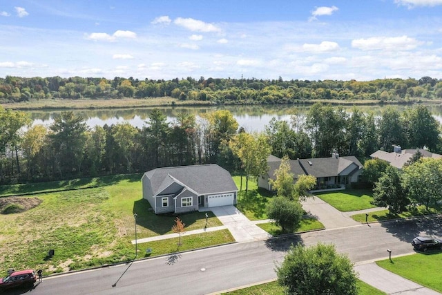 drone / aerial view featuring a water view