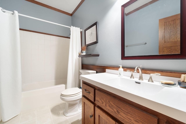 full bathroom featuring tile patterned floors, toilet, vanity, shower / tub combo, and ornamental molding