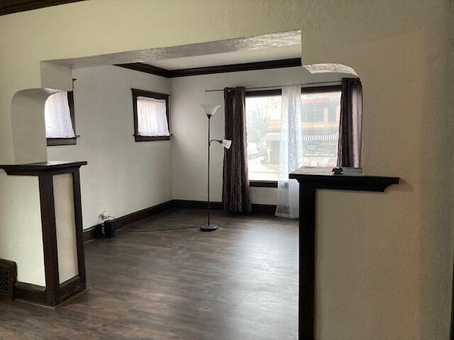 unfurnished room featuring dark hardwood / wood-style flooring and crown molding