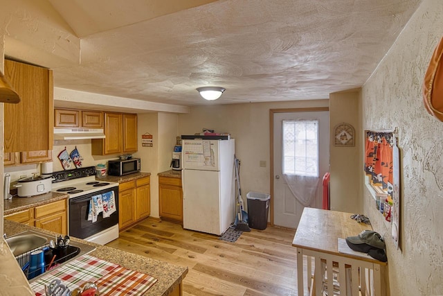 kitchen featuring white appliances and light hardwood / wood-style flooring