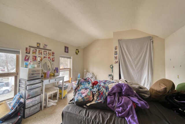 bedroom with carpet, a textured ceiling, and lofted ceiling