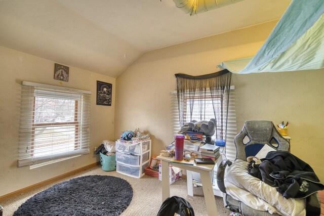 interior space with carpet, plenty of natural light, and lofted ceiling