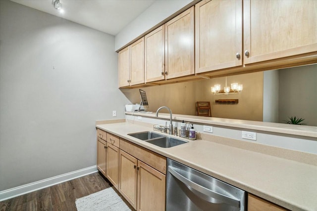 kitchen featuring light brown cabinetry, dishwasher, dark wood-type flooring, and sink