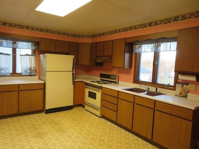 kitchen featuring white appliances, a paneled ceiling, and sink