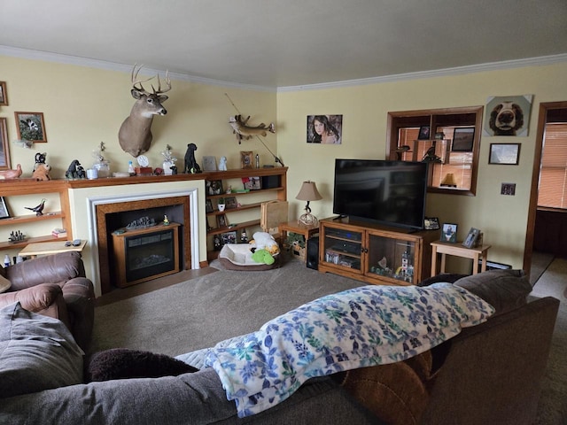 living room with ornamental molding and carpet floors