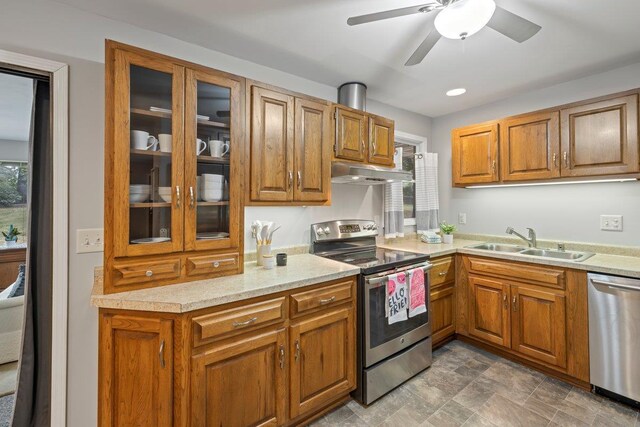 kitchen with ceiling fan, stainless steel appliances, a wealth of natural light, and sink