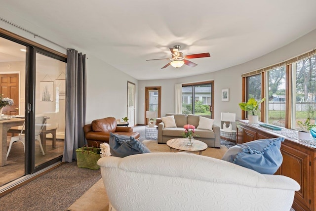 living room featuring ceiling fan and carpet floors