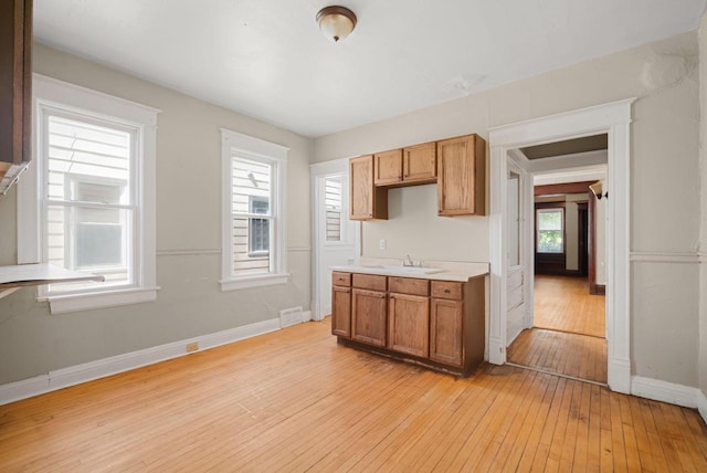 kitchen with light hardwood / wood-style flooring and sink