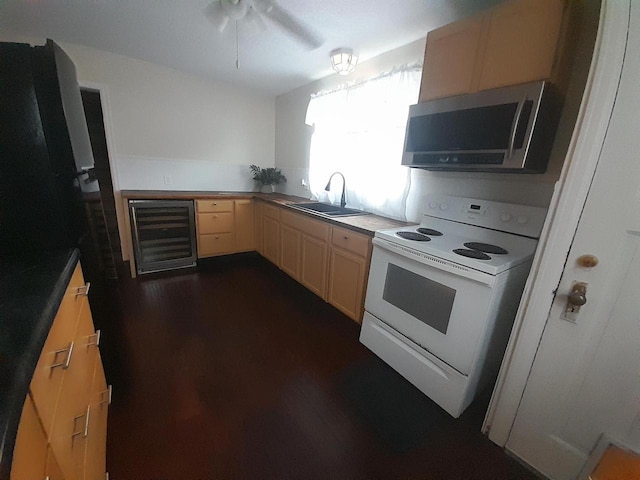 kitchen with white range with electric cooktop, sink, wine cooler, light brown cabinetry, and dark hardwood / wood-style flooring