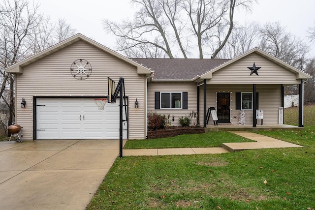 single story home featuring a porch, a garage, and a front lawn