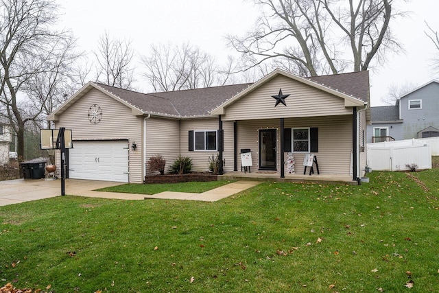 ranch-style house featuring a front yard, fence, a porch, concrete driveway, and a garage