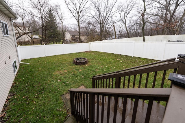 view of yard with a fire pit and a fenced backyard