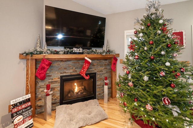 details featuring a stone fireplace and wood finished floors