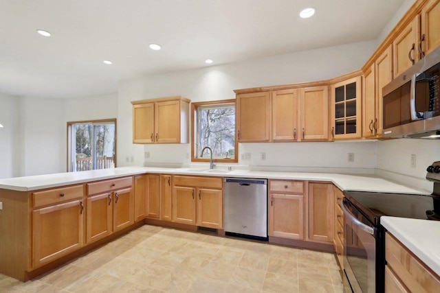 kitchen with sink, kitchen peninsula, and stainless steel appliances