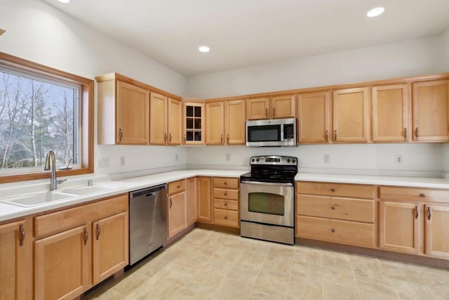 kitchen with light brown cabinets, sink, and stainless steel appliances