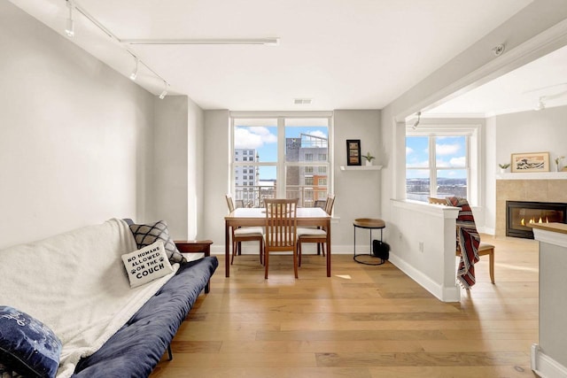 sitting room with a fireplace, light wood-type flooring, track lighting, and a wealth of natural light