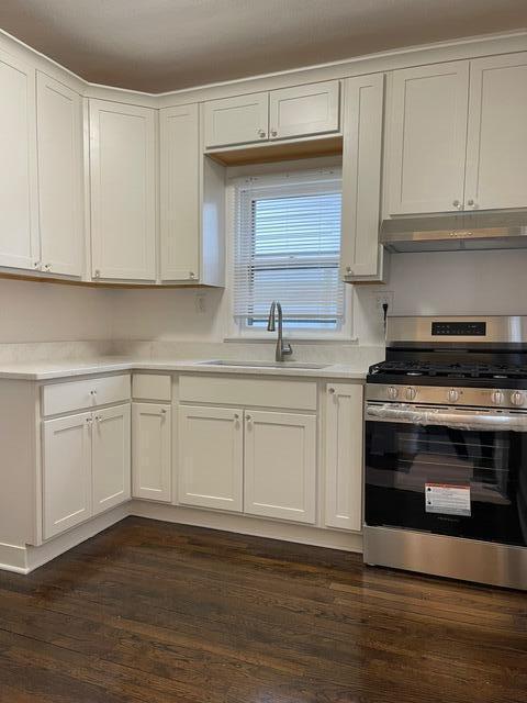 kitchen featuring gas range, sink, white cabinets, and dark wood-type flooring