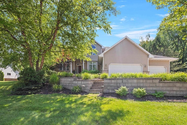 view of home's exterior featuring a lawn and a garage