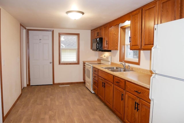 kitchen featuring white appliances, light hardwood / wood-style floors, and sink