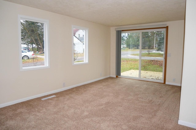 unfurnished room with a textured ceiling and light carpet