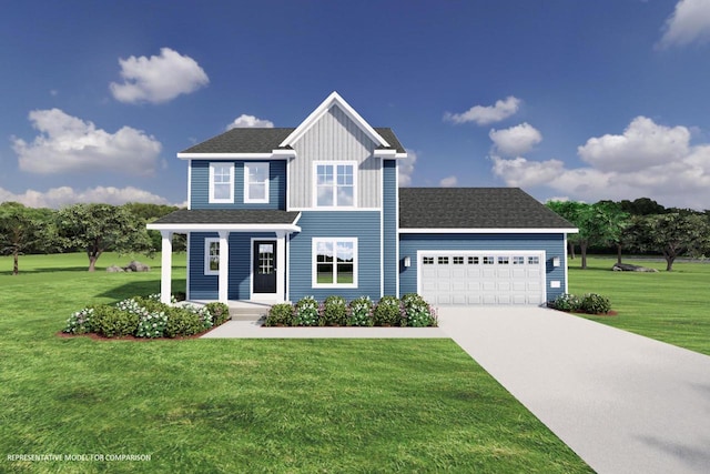 view of front of property with a front lawn and a garage