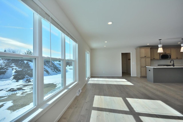 unfurnished living room with light hardwood / wood-style flooring and sink