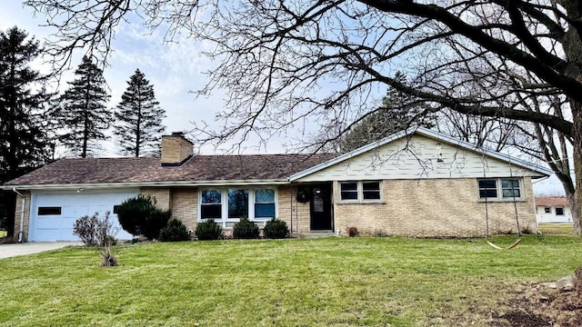 single story home with a garage and a front lawn